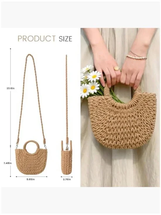 Straw Crossbody Bag for Women, Woven Hobo Purse, Summer Beach Accessory - Picture 2 of 7